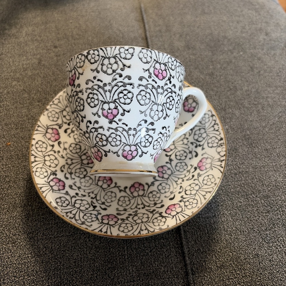 Vtg English Castle Bone China Tea Cup & Saucer  Staffordshire England ‎ Pink/blk